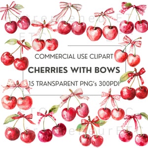 May include: Watercolor illustration of 15 red cherries with white and pink bows. The cherries are arranged in a variety of positions and are all facing the viewer. The background is white. COMMERCIAL USE CLIPART CHERRIES WITH BOWS 15 TRANSPARENT PNG's 300DPI