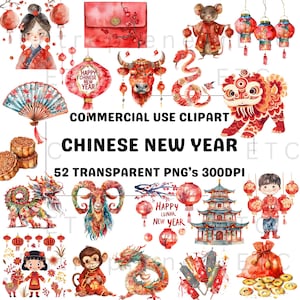 Chinese New Year Watercolor Clip Art, 52 Lunar New Year PNGs for Cardmaking, Decor, Calendars, Commercial Use