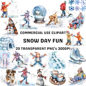 Clipart aquarelle amusante de jour de neige, luge, boules de neige, ski, 20 PNG pour calendriers de Noël, cartes, cadeaux, scrapbooking, usage commercial