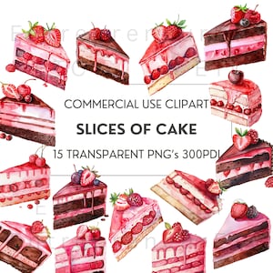 Aquarell Kuchen Clipart, 15 Stücke Kuchen, Erdbeer-, Himbeer- und Schokoladenkuchen, Clipart Bundle, PNG-Datei, transparenter Hintergrund