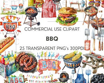 BBQ Watercolor Clipart, 25 PNG Clip Art Summer Barbecue Images, Scrapbooking, Cardmaking, Crafting, Stickers, Digital, Commercial Use