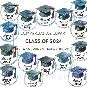 Class of 2024 Clipart, 15 Graduation Hats and Class of 2024 PNGs, Watercolor Graduation Clip art Bundle, Digital, Transparent Background