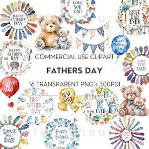 Clipart ad acquerello per la festa del papà, bundle di clipart per la festa del papà, 16 PNG, il miglior papà di sempre, giardino, cravatte, barbecue, orso, sfondo trasparente