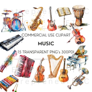 Watercolor Musical Instruments Clipart, Music Clip Art Bundle, 15 PNG&#39;s, Piano, Drums, Guitar, Violin, Trumpet, Harp, Transparent Background