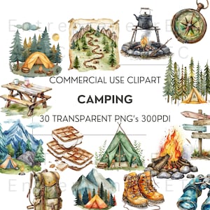 Camping Watercolor Clipart, 30 PNG Clip Art Bundle, Tent, Camp Fire, Forest and Mountains, Kettle, Camping Illustrations for Commercial Use