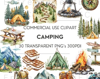 Camping Watercolor Clipart, 30 PNG Clip Art Bundle, Tent, Camp Fire, Forest and Mountains, Kettle, Camping Illustrations for Commercial Use
