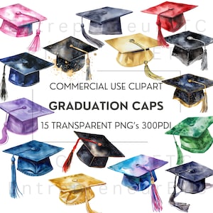 Clipart di laurea, 15 cappelli di laurea ad acquerello, cappelli di laurea PNG digitali, festa di laurea, bundle di clipart, sfondo trasparente