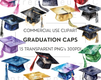 Graduation Clipart, 15 Watercolor Graduation Caps, Digital PNG Graduation Hats, Graduate Celebration, Clipart Bundle, Transparent Background