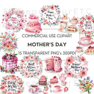 Clipart de aquarela para o dia das mães, pacote de clipart de feliz dia das mães, 15 PNGs, melhor mãe de todos os tempos, floral, chá e bolo, fundo transparente