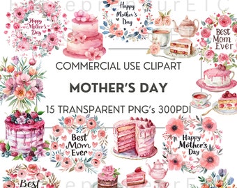 Clipart del Día de la Madre en acuarela, paquete de imágenes prediseñadas del Día de la Madre, 15 PNG, la mejor mamá del mundo, flores, té y pastel, fondo transparente