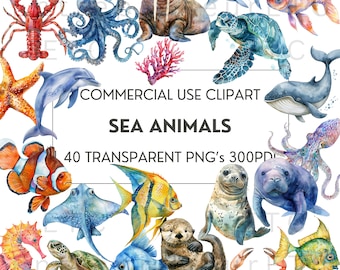 Meerestiere Clipart, 40 PNG Aquarell Meerestiere Bilder, Unterwasser Clip Art, Ozean Klassenzimmer, Nautische Kinderzimmer Dekor, kommerzielle Nutzung