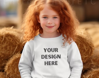 Girls White Sweatshirt Mockup, Youth Gildan 18000B White Crewneck Mockup, Kids Gildan Sweatshirt Mockup, Girl Mock up, Digital Download