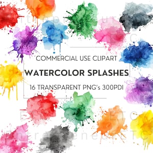 Aquarel splash clipart, 16 aquarel splatter png-bundel, verfspatten, abstracte illustraties, inkt, transparante achtergrond, commercieel gebruik