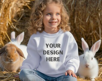 Easter Kids Gildan 18000B Sweatshirt Mockup, White, Youth Crewneck Sweatshirt Mockup, Easter Bunnies, Girl Mock up, Digital Download