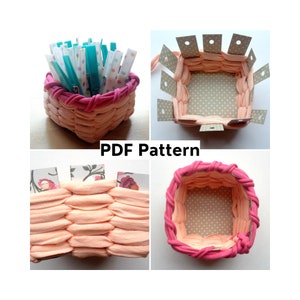 May include: A DIY craft project for a woven basket made from fabric strips. The basket is pink and peach with a white and gray polka dot lining. The image shows the basket in different stages of construction. The text "PDF Pattern" is displayed in the center of the image.