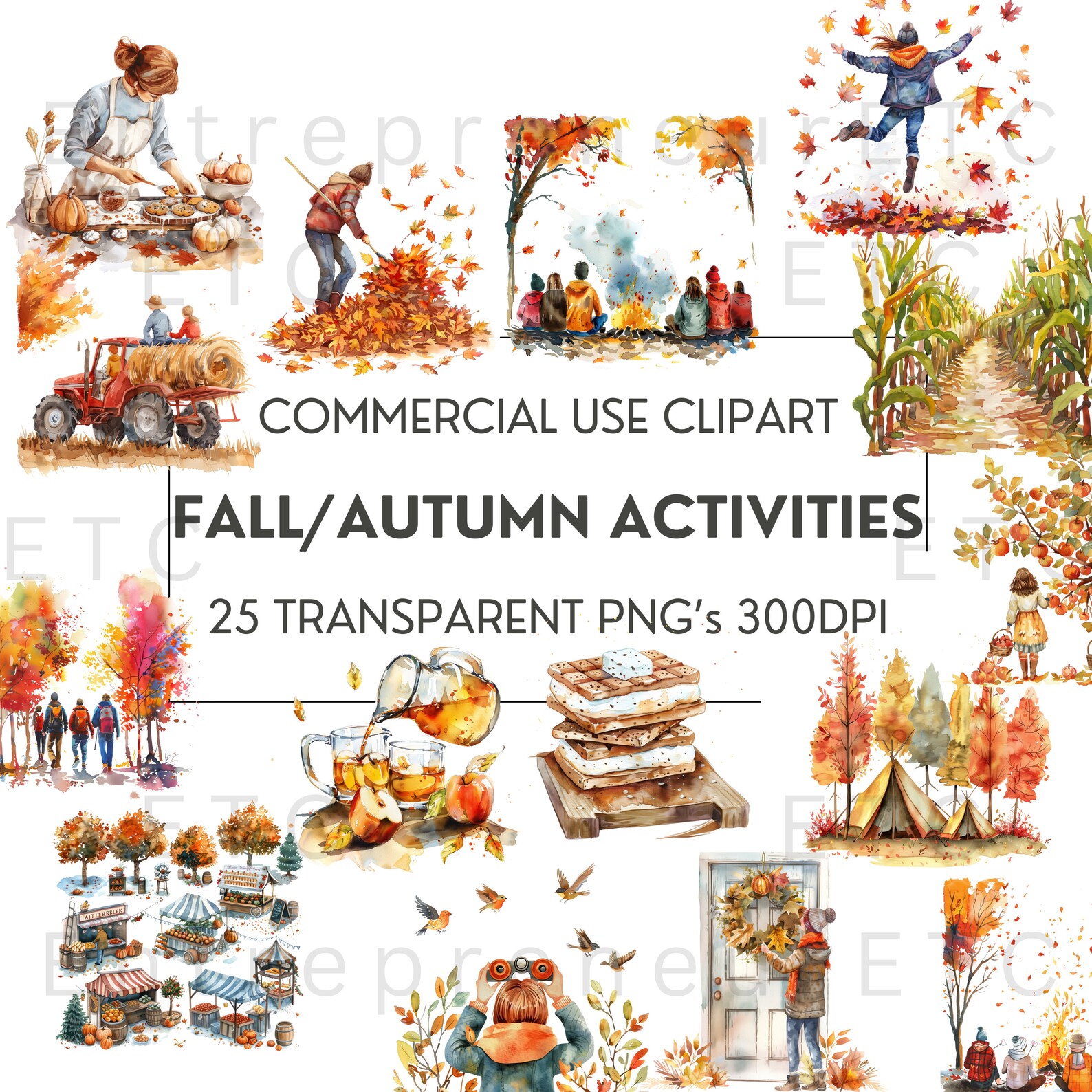 Fall Activities Watercolor Clipart, 25 PNG Clip Art, Autumn Fun, Leaves ...