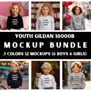 Gildan-mockupbundel, Gildan-sweaters 18000B jeugd, kinderen mockupbundel met ronde hals, jongenssweaters, meisjessweaters, digitale download
