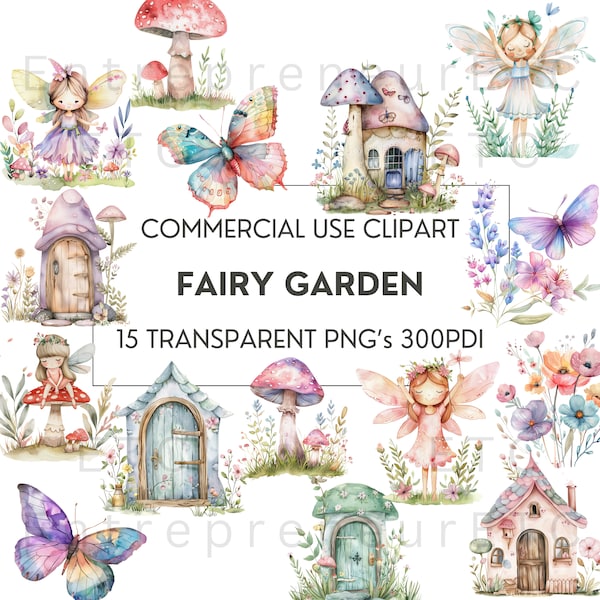Fairy Garden Watercolor Clipart, 15 PNGs, Fairies Clip art Bundle, Fairy House Clipart, Fairy Door Clipart, Cottagecore, Commercial Use