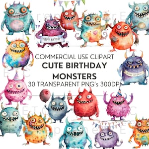Niedliche Monster Geburtstag Clipart, 30 PNG Aquarell Clip Art Bundle, Für Party-Einladungen, Party-Dekor & Geburtstagskarten, kommerzielle Nutzung