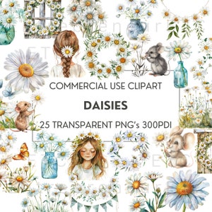 Clipart aquarelle marguerite, 25 PNG Clip Art Bundle marguerites, scrapbooking, fabrication de cartes, travaux manuels, autocollants, téléchargement numérique, usage Commercial