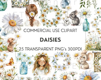 Daisy Watercolor Clipart, 25 PNG Clip Art Bundle Daisies, Scrapbooking, Cardmaking, Crafting, Stickers, Digital Download, Commercial Use
