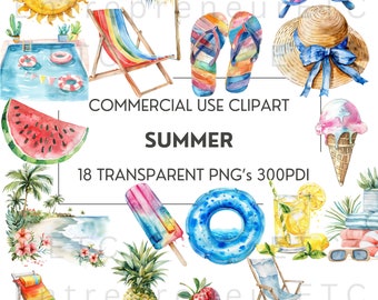 Summer Watercolor Clipart, Beach Pool Vacation Clip Art Bundle, Summer Pool Party PNG, Sun Hat, Sunglasses, IceCream, Transparent Background