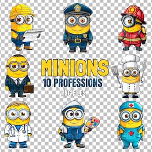 Puede incluir: Un gráfico digital con Minions de dibujos animados vestidos con varias profesiones, incluyendo un trabajador de la construcción, un oficial de policía, un bombero, un chef, un hombre de negocios, un médico, un artista y una enfermera. El texto dice "Minions 10 Professions PNG Files."
