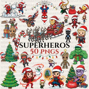 May include: A collection of Christmas-themed superhero PNGs. The image features various Marvel and DC characters, including Spider-Man, Iron Man, and Hulk, all wearing Santa hats. The text "SUPERHEROS 50 PNGS" is also visible.