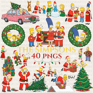 Könnte beinhalten: Eine Sammlung von PNG-Bildern zum Thema Weihnachten mit Charakteren aus den Simpsons. Die Bilder zeigen die Familie in Weihnachtsmann-Outfits, ein rosa Auto mit einem Weihnachtsbaum und verschiedene Weihnachtsdekorationen. Der Text auf dem Bild lautet "THE SIMPSONS 40 PNGS".
