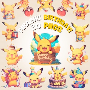 30 PNG Pikachu Birthday Clipart Pack | Birthday Designs for All Ages | Sublimation, Cricut, T-Shirts, Mugs, Bags | Commercial Use