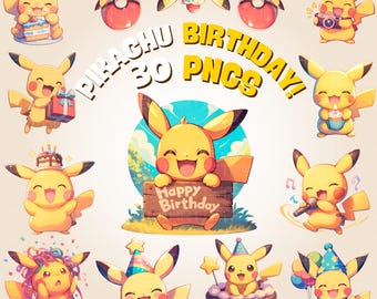 Pikachu Birthday Clipart Pack: Commercial Use PNG Designs (Digital Download