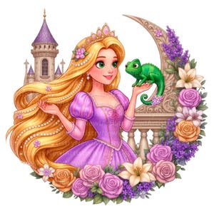Puede incluir: Una ilustración digital de un personaje con largo cabello rubio, vestido morado y corona dorada, sosteniendo un pequeño camaleón verde. La escena incluye un castillo de piedra, una luna creciente y un arreglo floral de rosas y lirios.