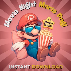 Mario-filmavond, png-bestand | Super Mario-clipart | Mario Bros popcorn-clipart | Sublimatieontwerp voor mokken, T-shirts en stickers | Commercieel gebruik