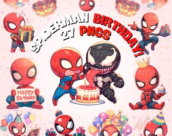 Spiderman Birthday Clipart | Chibi PNG Designs (Commercial Use)