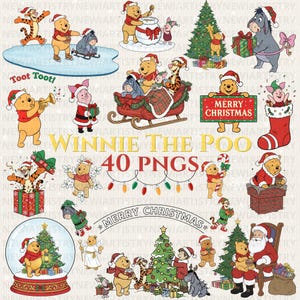 Può includere: Una collezione di PNG natalizi a tema Winnie the Pooh. L'immagine presenta vari personaggi in scene festive, tra cui pattinaggio sul ghiaccio, decorazione di un albero e Babbo Natale. Il testo include "Merry Christmas", "Winnie the Pooh" e "40 PNGS".