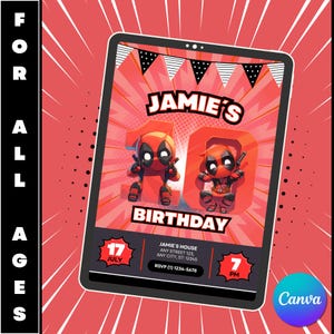 Deadpool Birthday Invitation Editable for Kids, Digital Canva Template, Kids Party Invite, Deadpool Theme Birthday Invitation Printable