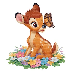 May include: A cartoon fawn with light brown fur, white spots, and large dark eyes sitting in a patch of colourful flowers including pink, yellow, blue, and white blossoms. A monarch butterfly with orange and black wings rests on the fawn's nose.
