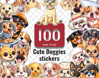 100 pegatinas de cachorros adorables - Clipart PNG para agendas digitales (descarga instantánea)