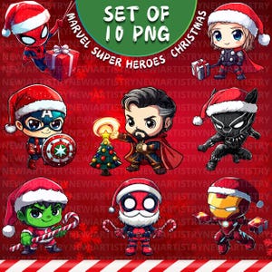 May include: A digital graphic set featuring Marvel superheroes in Christmas attire. The collection includes characters like Spider-Man, Captain America, and Thor, each wearing Santa hats and holding festive items. The image has the text "SET OF 10 PNG".