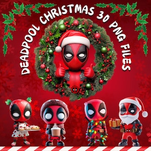 May include: A festive image featuring Deadpool characters in Christmas attire. The central figure is Deadpool in a Santa hat, surrounded by a wreath. The image includes the text "Deadpool Christmas 30 PNG Files" and several Deadpool figures.