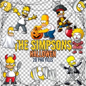 Könnte beinhalten: Eine digitale Illustration mit den Simpsons-Charakteren in Halloween-Kostümen. Homer ist als Pirat, Geist verkleidet und schnitzt einen Kürbis. Der Text lautet "The Simpsons Halloween 20 PNG Files."
