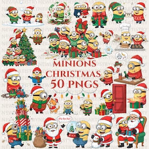 Peut inclure: Graphique numérique avec de nombreux personnages de Minions en tenue de Noël festive. L'image comprend le texte "MINIONS CHRISTMAS 50 PNGS". Les Minions sont représentés avec des chapeaux de Père Noël, tenant des cadeaux et décorant un sapin de Noël.
