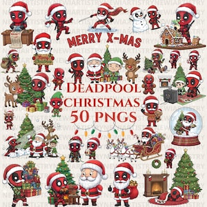 Puede incluir: Una ilustración digital con personajes de Deadpool con gorros de Papá Noel y escenas navideñas. La imagen incluye el texto "Merry X-Mas" y "Deadpool Christmas 50 PNGs". Varias figuras de Deadpool se representan con árboles de Navidad, regalos y decoraciones festivas.
