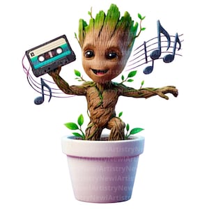 Può includere: Una piccola creatura marrone simile a un albero con grandi occhi neri e foglie verdi che spuntano dalla testa e dal corpo, in piedi in un vaso di ceramica bianco. Tiene in mano una cassetta nera, con note musicali viola che fluttuano intorno.