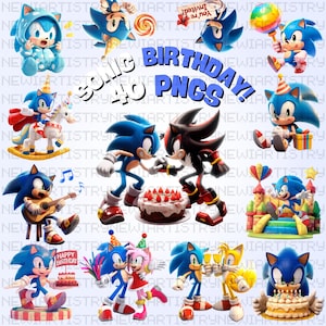 Pack de cliparts anniversaire Sonic l'hérisson en 40 PNG | Des designs d'anniversaire pour tous les âges | Sublimation, cricut, t-shirts, tasses, sacs | Utilisation commerciale