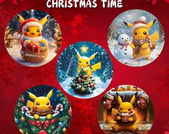 May include: A festive image featuring five circular illustrations of Pikachu in Christmas scenes. Each scene depicts Pikachu in various holiday settings, such as near a Christmas tree, a snowman, and a fireplace. The text "5 SCENES OF PIKACHU AT CHRISTMAS TIME" is at the top.