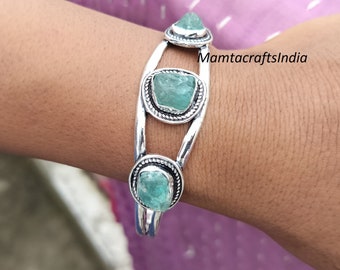 Raw Aquamarine Bangle, Women Bangle, 925 Sterling Silver Bangle, Gemstone Bangle, Handmade Bangle, Aquamarine Bangle, Adjustable Jewelry,