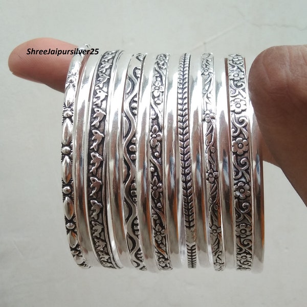 Solid 925 Sterling Silver Bangles, Design and Simple half round Matching set 14 Set of Bangles,Flower Bangle, Wonderful Silver Women Bangle