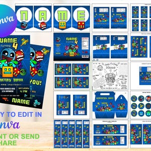 Puede incluir: Un conjunto de suministros para fiestas con temática de Geometry Dash, que incluye invitaciones, pancartas, etiquetas y adornos para cupcakes. Los diseños presentan personajes geométricos coloridos sobre un fondo azul. El texto "NAME is turning 4" es visible.