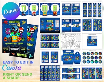 Geometry Dash Printable Birthday Kit | Party Favors | Kids Birthday Bundle | Canva Digital Printed | Instant Download Canva Template